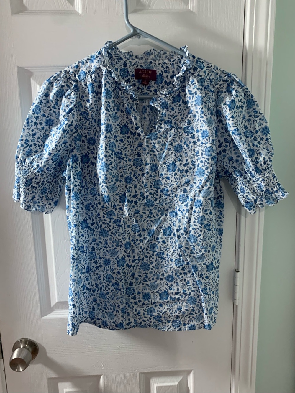 J. Crew White and Blue Floral Puff-Sleeve Blouse